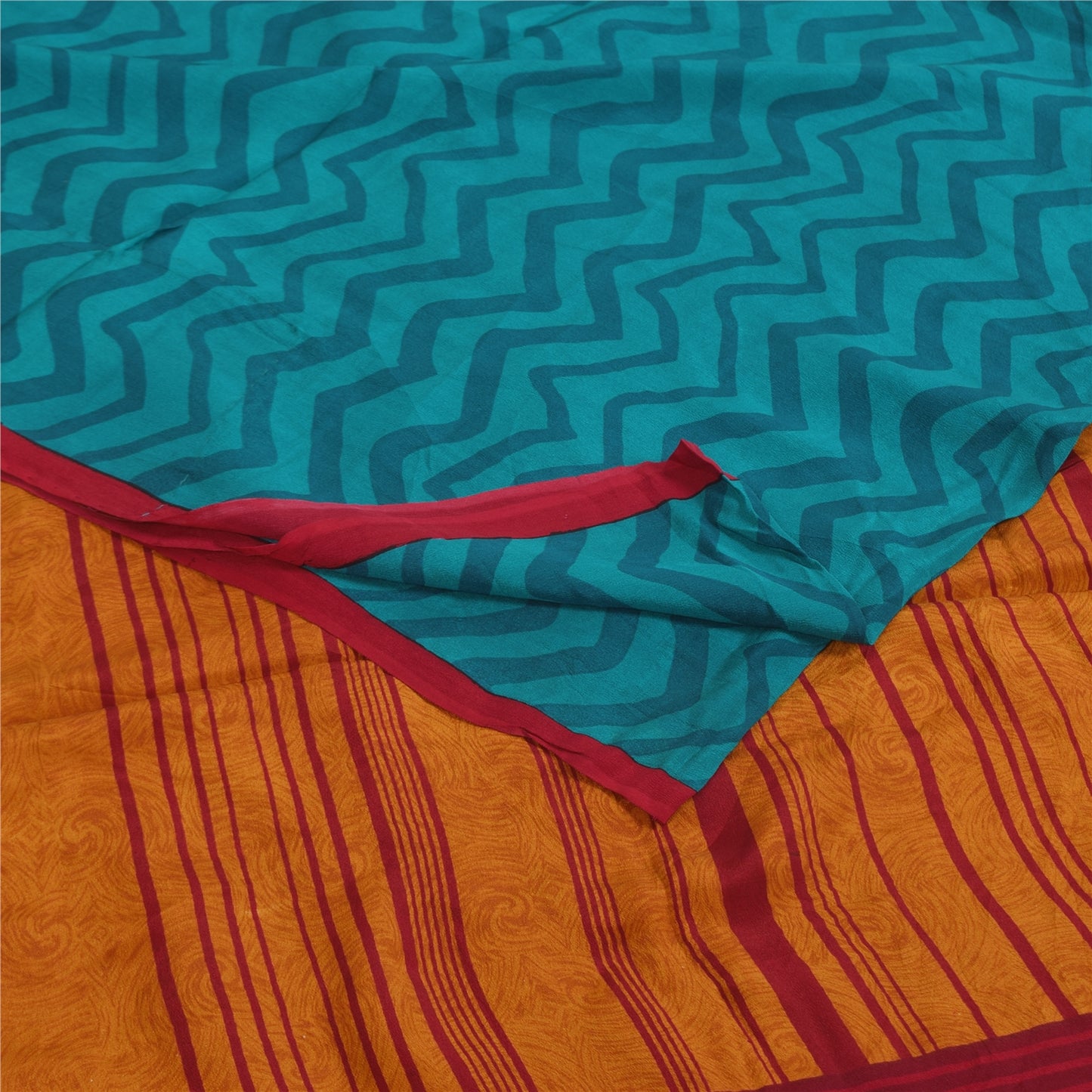 Sanskriti Vintage Sarees Red/Blue Pure Crepe Silk Printed Sari 5+yd Craft Sustainable Fabric