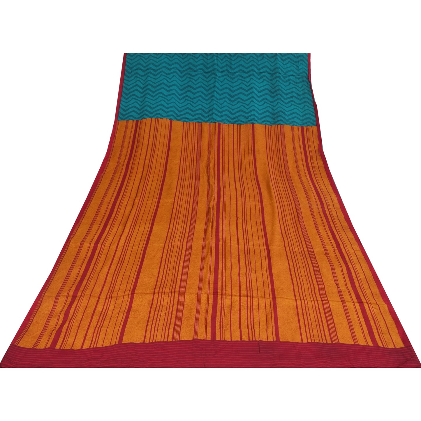 Sanskriti Vintage Sarees Red/Blue Pure Crepe Silk Printed Sari 5+yd Craft Sustainable Fabric