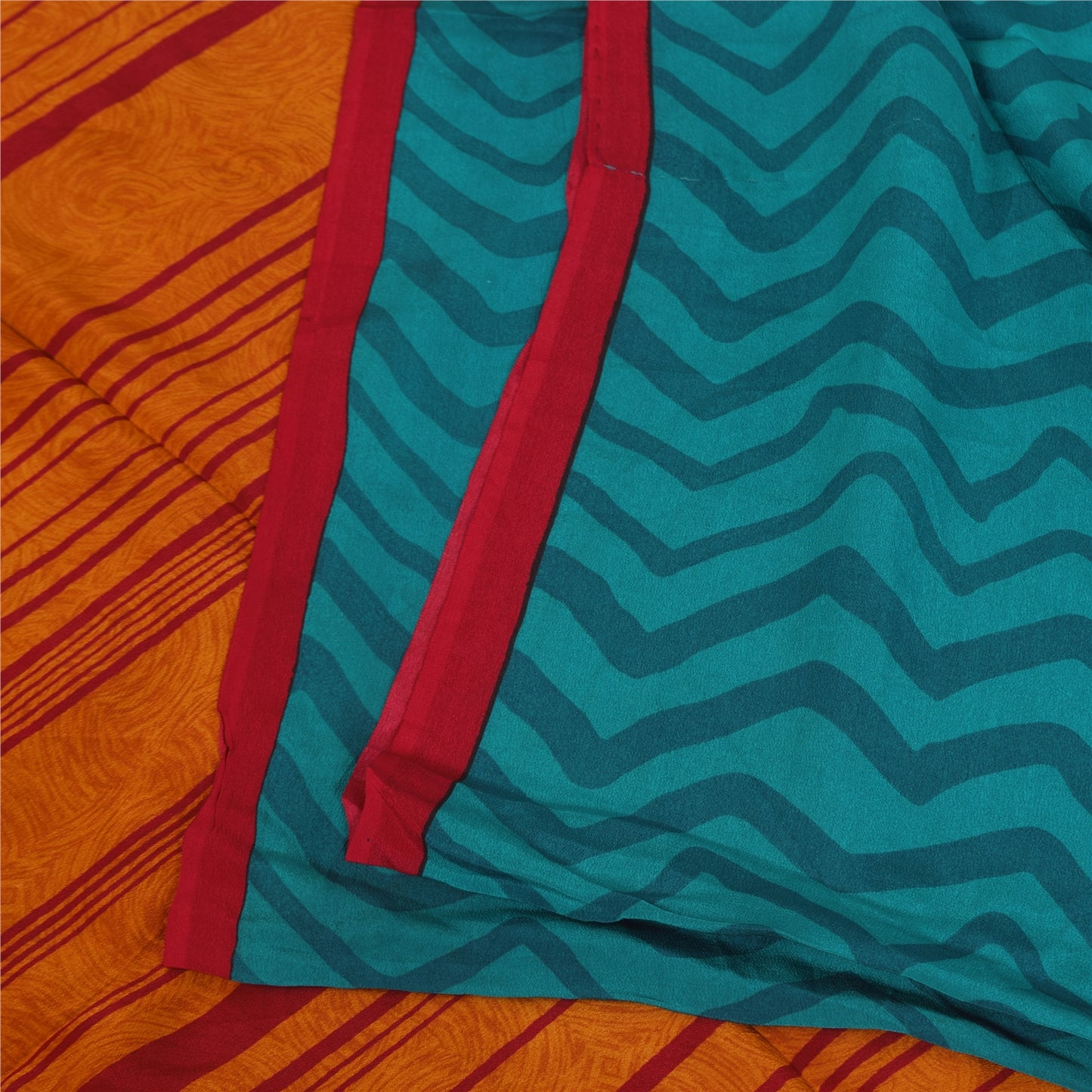 Sanskriti Vintage Sarees Red/Blue Pure Crepe Silk Printed Sari 5+yd Craft Sustainable Fabric