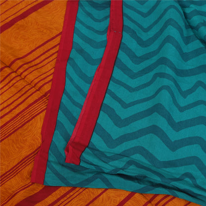Sanskriti Vintage Sarees Red/Blue Pure Crepe Silk Printed Sari 5+yd Craft Sustainable Fabric