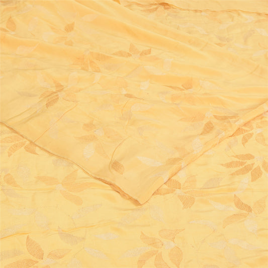 Sanskriti Vintage Sarees Pale Yellow Pure Crepe Printed Sari 5+yd Craft Sustainable Fabric