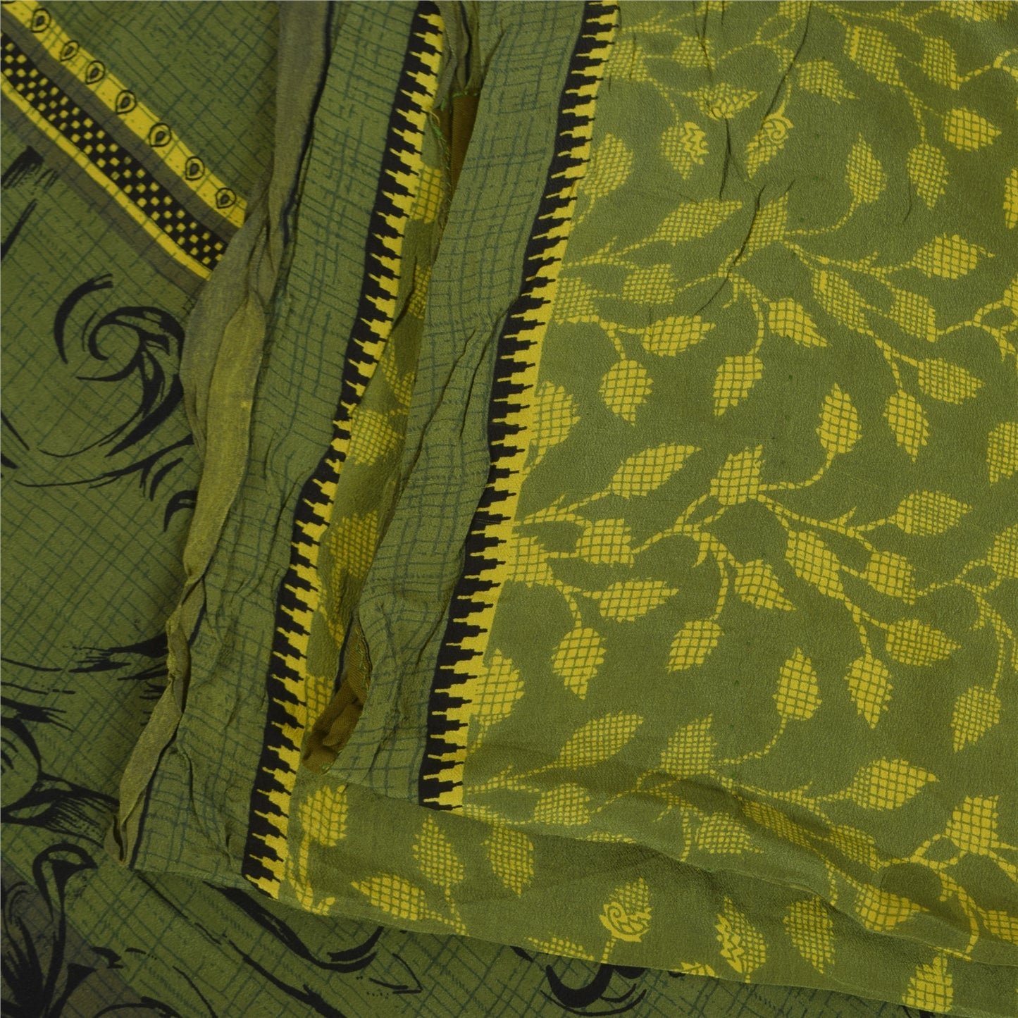 Sanskriti Vintage Sarees Green Pure Crepe Silk Printed Sari 5+yd Craft Fabric