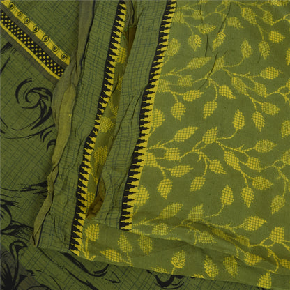 Sanskriti Vintage Sarees Green Pure Crepe Silk Printed Sari 5+yd Craft Fabric