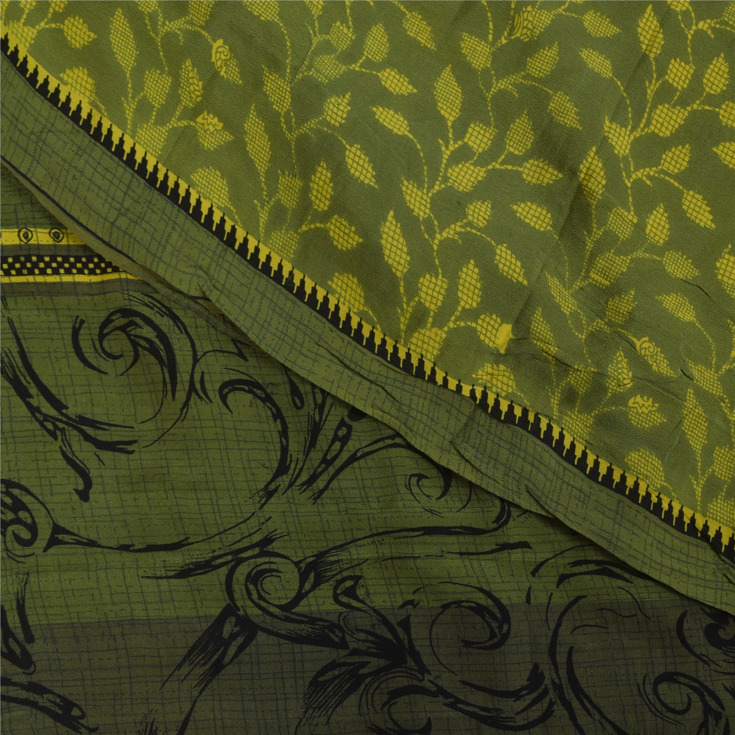 Sanskriti Vintage Sarees Green Pure Crepe Silk Printed Sari 5+yd Craft Fabric