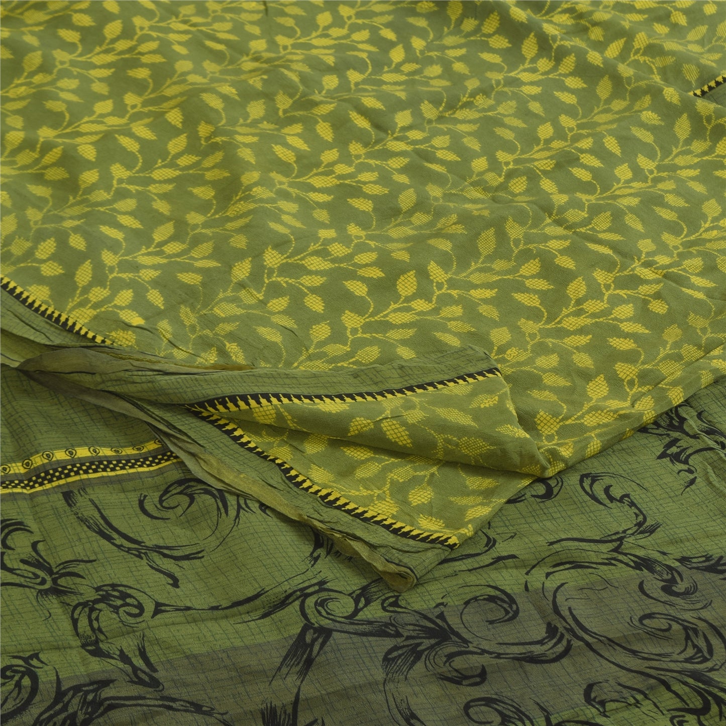 Sanskriti Vintage Sarees Green Pure Crepe Silk Printed Sari 5+yd Craft Fabric