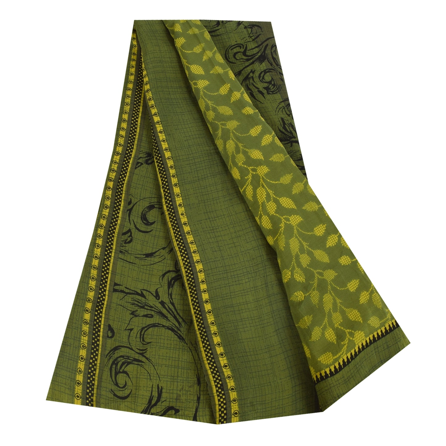 Sanskriti Vintage Sarees Green Pure Crepe Silk Printed Sari 5+yd Craft Fabric