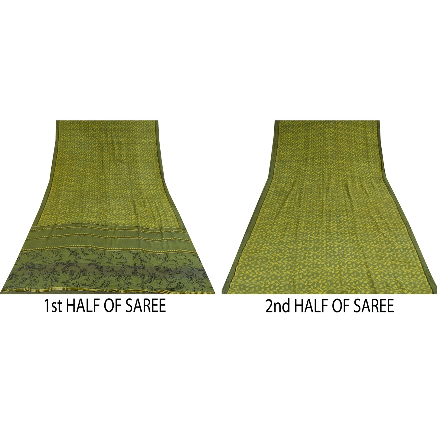 Sanskriti Vintage Sarees Green Pure Crepe Silk Printed Sari 5+yd Craft Fabric