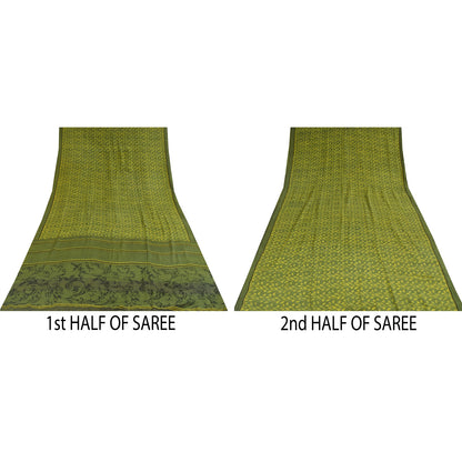 Sanskriti Vintage Sarees Green Pure Crepe Silk Printed Sari 5+yd Craft Fabric