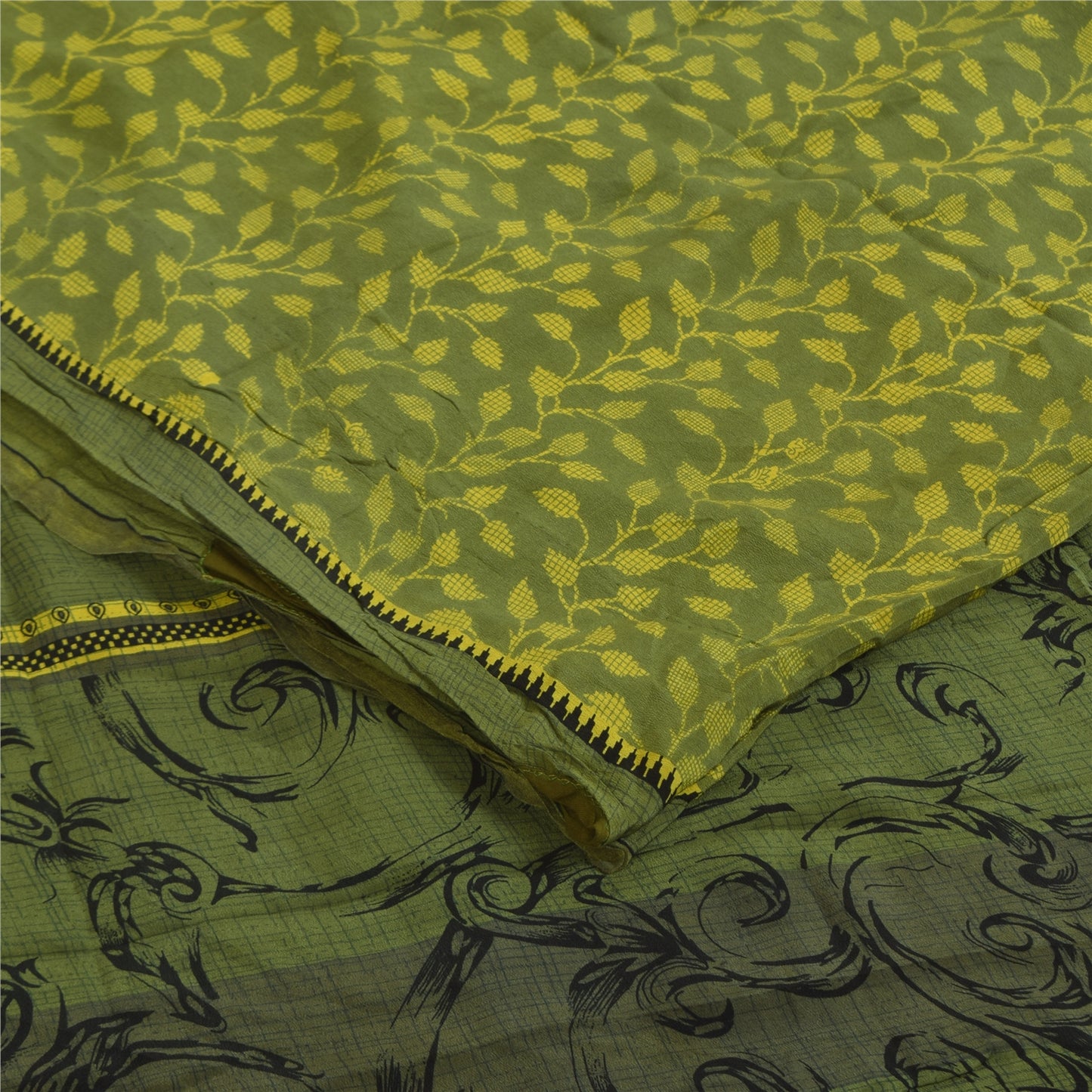 Sanskriti Vintage Sarees Green Pure Crepe Silk Printed Sari 5+yd Craft Fabric