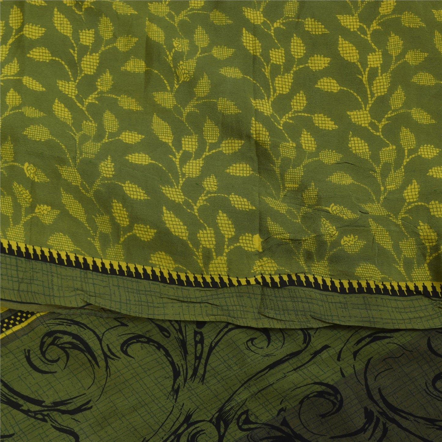 Sanskriti Vintage Sarees Green Pure Crepe Silk Printed Sari 5+yd Craft Fabric