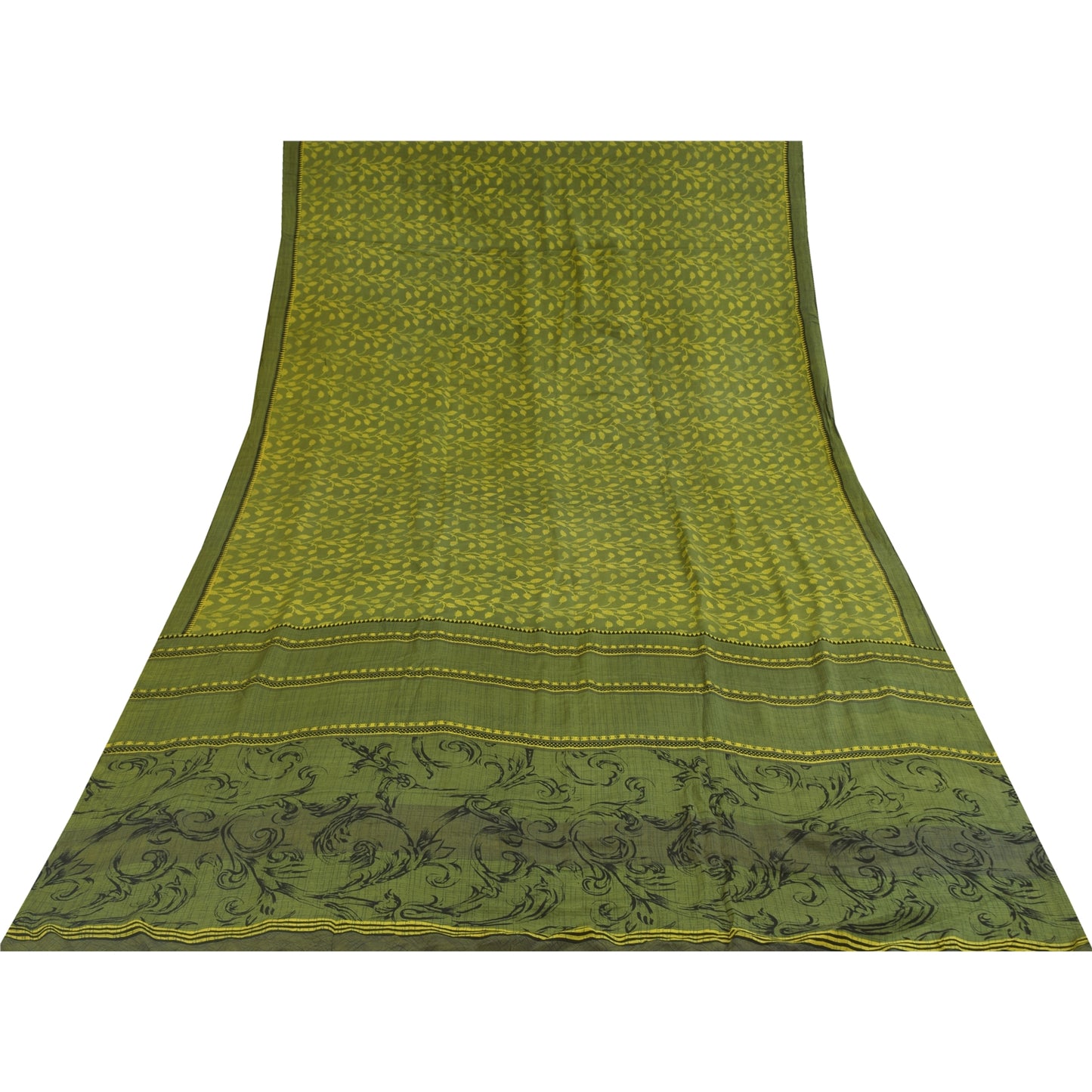Sanskriti Vintage Sarees Green Pure Crepe Silk Printed Sari 5+yd Craft Fabric