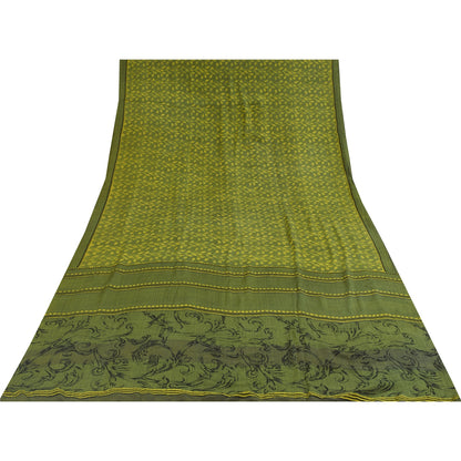 Sanskriti Vintage Sarees Green Pure Crepe Silk Printed Sari 5+yd Craft Fabric