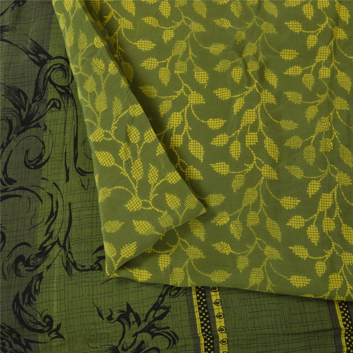 Sanskriti Vintage Sarees Green Pure Crepe Silk Printed Sari 5+yd Craft Fabric
