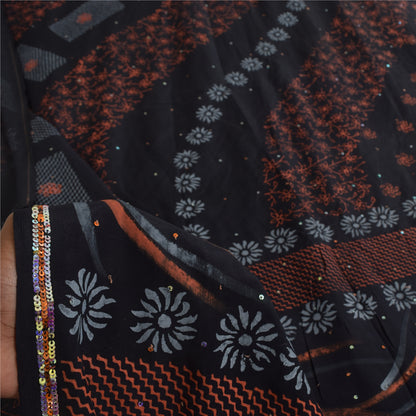 Sanskriti Vintage Sarees Black Hand Beaded Pure Crepe Printed Sari 5+yd Sustainable Fabric