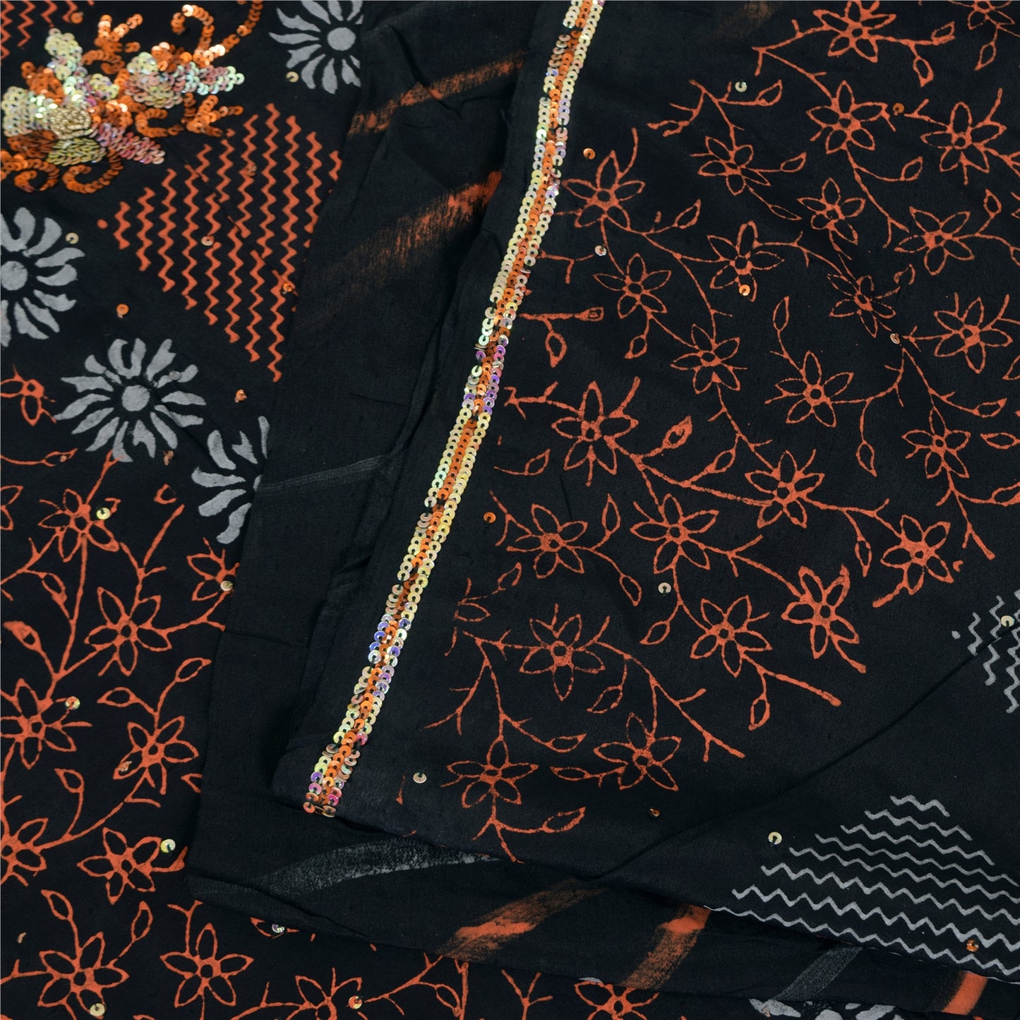 Sanskriti Vintage Sarees Black Hand Beaded Pure Crepe Printed Sari 5+yd Sustainable Fabric