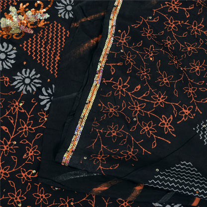 Sanskriti Vintage Sarees Black Hand Beaded Pure Crepe Printed Sari 5+yd Sustainable Fabric