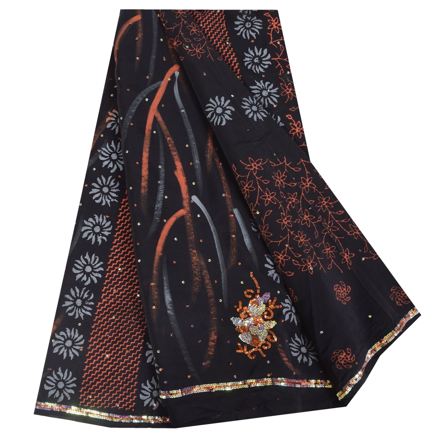 Sanskriti Vintage Sarees Black Hand Beaded Pure Crepe Printed Sari 5+yd Sustainable Fabric
