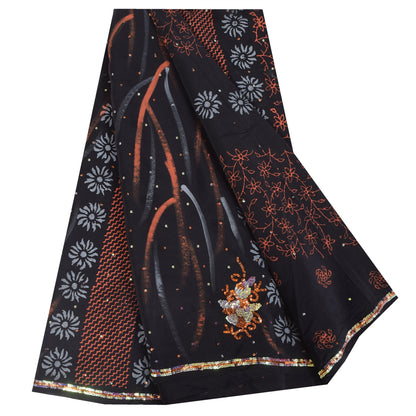 Sanskriti Vintage Sarees Black Hand Beaded Pure Crepe Printed Sari 5+yd Sustainable Fabric