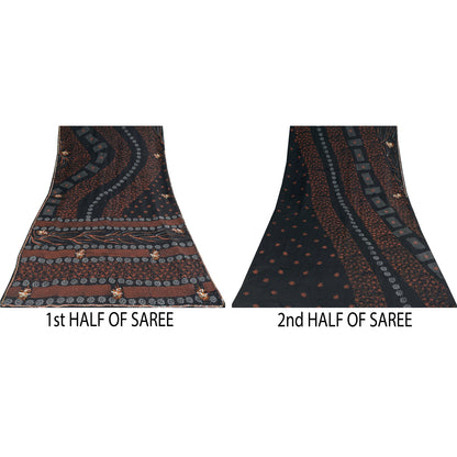 Sanskriti Vintage Sarees Black Hand Beaded Pure Crepe Printed Sari 5+yd Sustainable Fabric