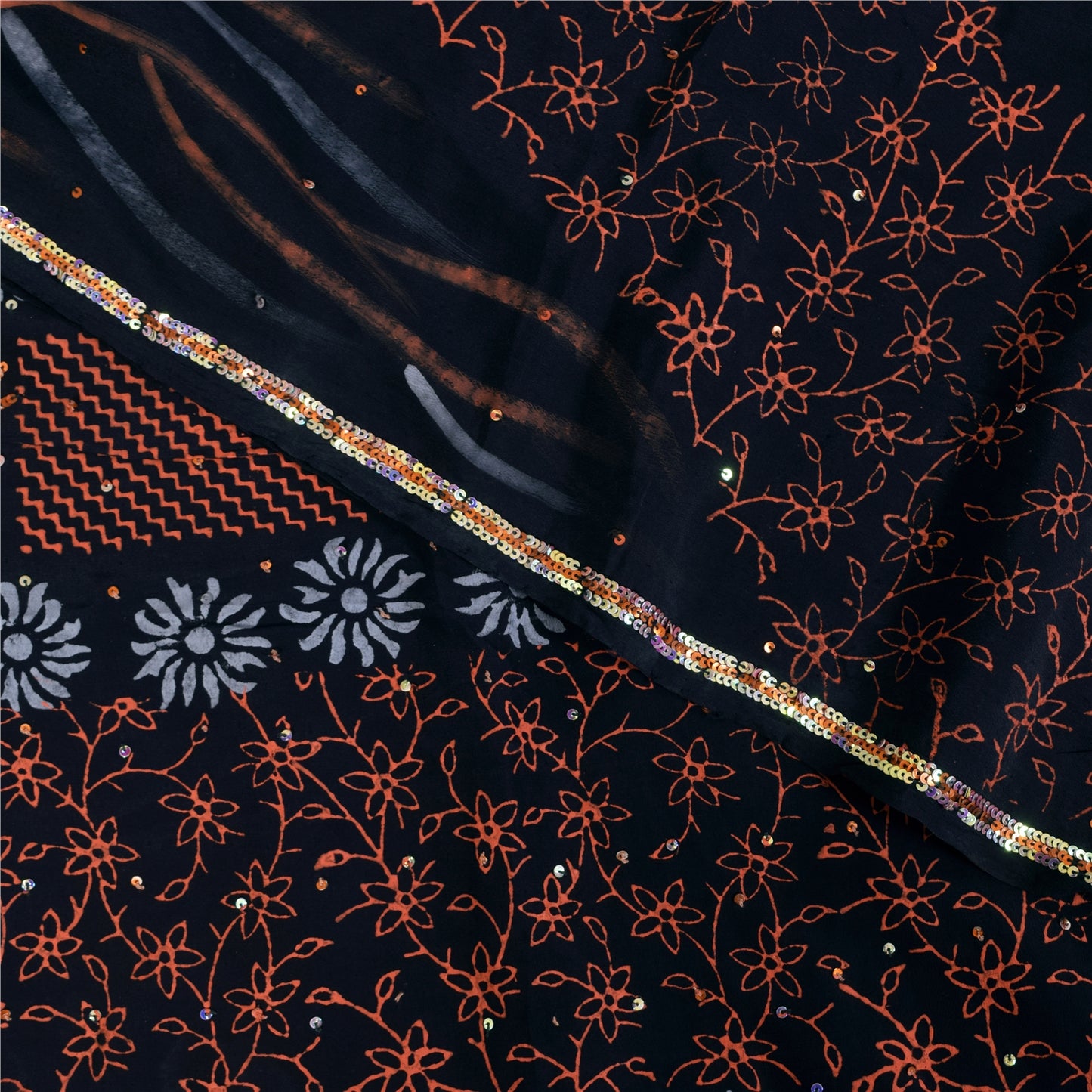 Sanskriti Vintage Sarees Black Hand Beaded Pure Crepe Printed Sari 5+yd Sustainable Fabric