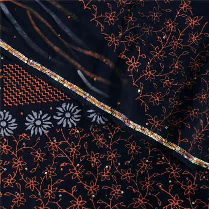 Sanskriti Vintage Sarees Black Hand Beaded Pure Crepe Printed Sari 5+yd Sustainable Fabric