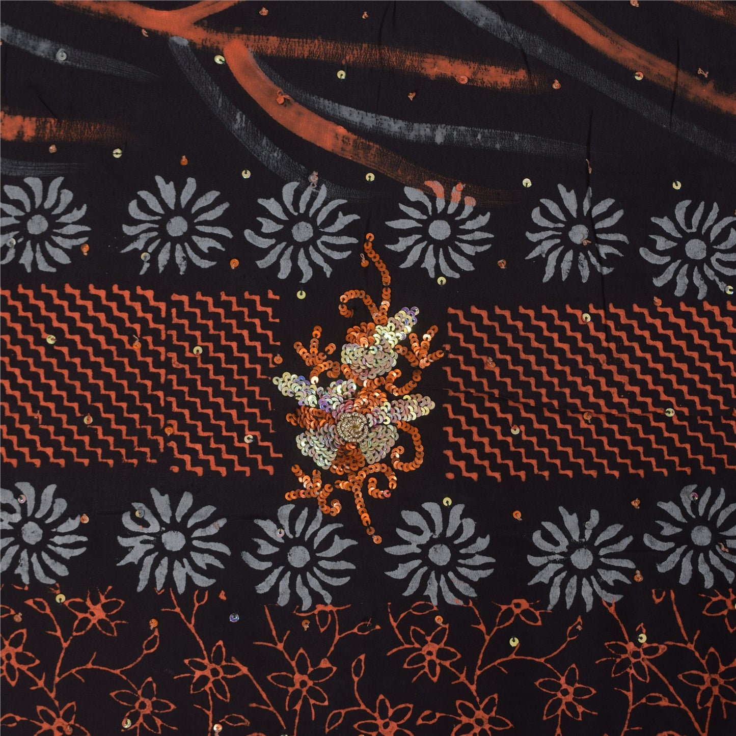 Sanskriti Vintage Sarees Black Hand Beaded Pure Crepe Printed Sari 5+yd Sustainable Fabric