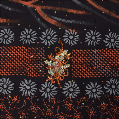 Sanskriti Vintage Sarees Black Hand Beaded Pure Crepe Printed Sari 5+yd Sustainable Fabric