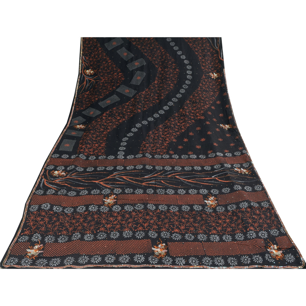 Sanskriti Vintage Sarees Black Hand Beaded Pure Crepe Printed Sari 5+yd Sustainable Fabric