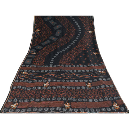 Sanskriti Vintage Sarees Black Hand Beaded Pure Crepe Printed Sari 5+yd Sustainable Fabric