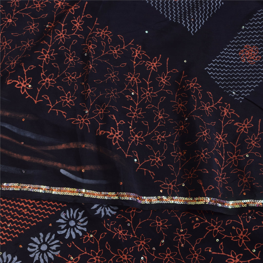 Sanskriti Vintage Sarees Black Hand Beaded Pure Crepe Printed Sari 5+yd Sustainable Fabric