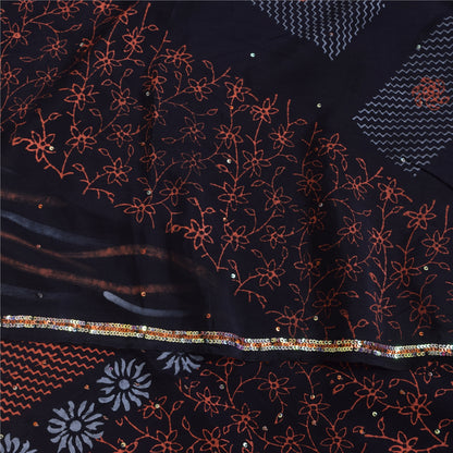 Sanskriti Vintage Sarees Black Hand Beaded Pure Crepe Printed Sari 5+yd Sustainable Fabric