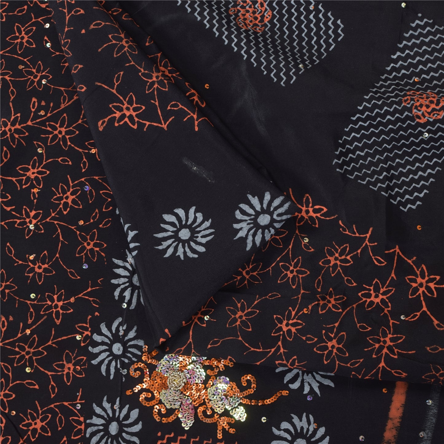 Sanskriti Vintage Sarees Black Hand Beaded Pure Crepe Printed Sari 5+yd Sustainable Fabric