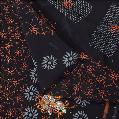 Sanskriti Vintage Sarees Black Hand Beaded Pure Crepe Printed Sari 5+yd Sustainable Fabric