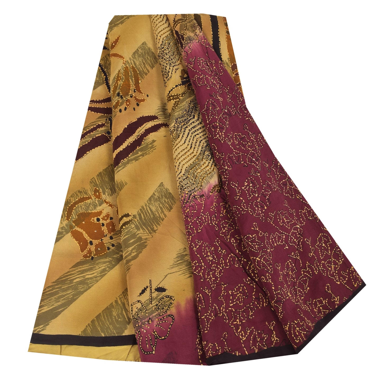 Sanskriti Vintage Sarees Hand Beaded Kantha Pure Crepe Printed Sari 5+yd Sustainable Fabric