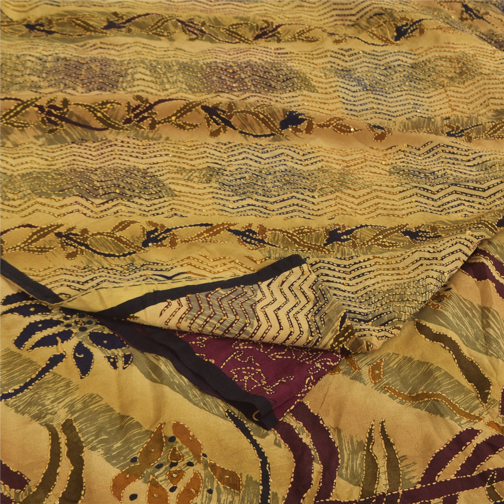 Sanskriti Vintage Sarees Hand Beaded Kantha Pure Crepe Printed Sari 5+yd Sustainable Fabric