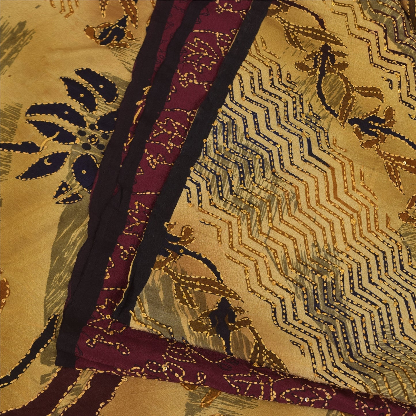 Sanskriti Vintage Sarees Hand Beaded Kantha Pure Crepe Printed Sari 5+yd Sustainable Fabric