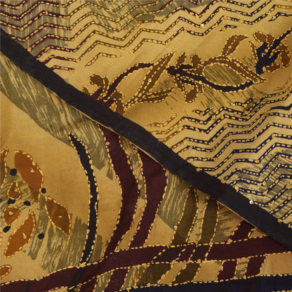 Sanskriti Vintage Sarees Hand Beaded Kantha Pure Crepe Printed Sari 5+yd Sustainable Fabric