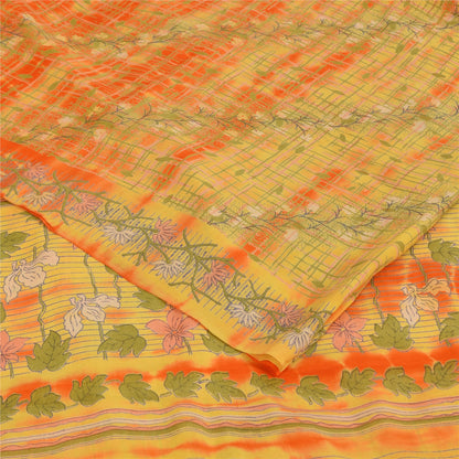 Sanskriti Vintage Sarees Green/Orange Pure Crepe Printed Sari 5+yd Craft Sustainable Fabric