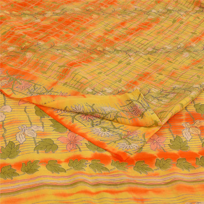 Sanskriti Vintage Sarees Green/Orange Pure Crepe Printed Sari 5+yd Craft Sustainable Fabric