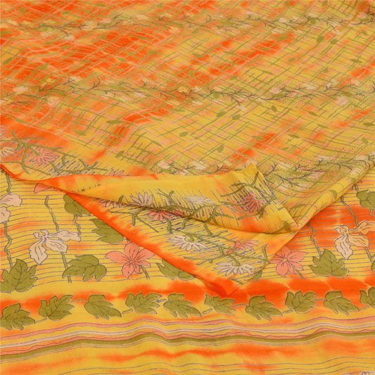 Sanskriti Vintage Sarees Green/Orange Pure Crepe Printed Sari 5+yd Craft Sustainable Fabric