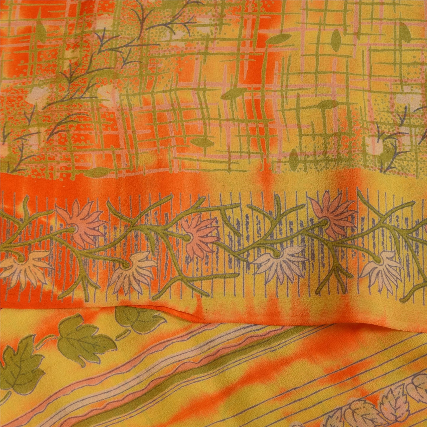 Sanskriti Vintage Sarees Green/Orange Pure Crepe Printed Sari 5+yd Craft Sustainable Fabric