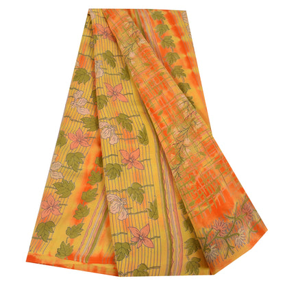 Sanskriti Vintage Sarees Green/Orange Pure Crepe Printed Sari 5+yd Craft Sustainable Fabric