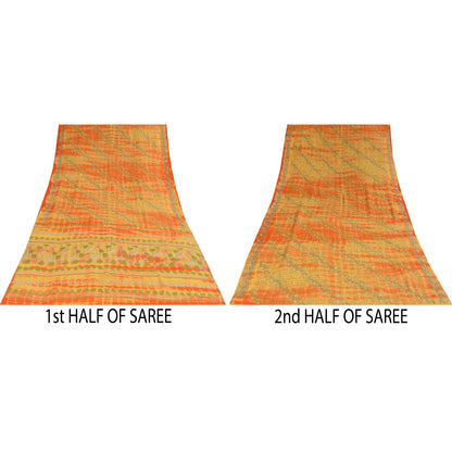 Sanskriti Vintage Sarees Green/Orange Pure Crepe Printed Sari 5+yd Craft Sustainable Fabric