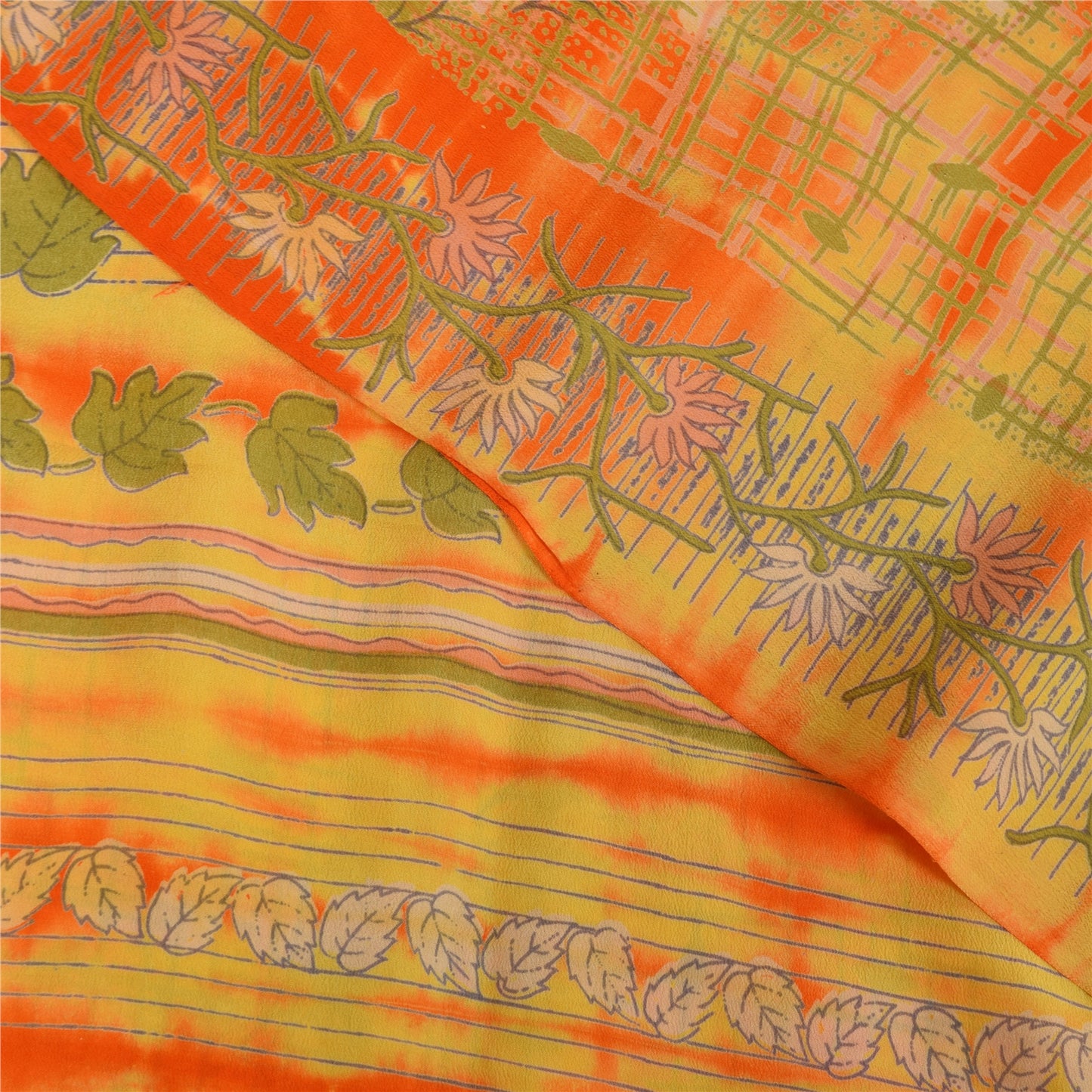 Sanskriti Vintage Sarees Green/Orange Pure Crepe Printed Sari 5+yd Craft Sustainable Fabric