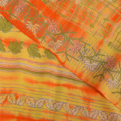 Sanskriti Vintage Sarees Green/Orange Pure Crepe Printed Sari 5+yd Craft Sustainable Fabric