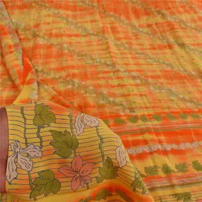 Sanskriti Vintage Sarees Green/Orange Pure Crepe Printed Sari 5+yd Craft Sustainable Fabric