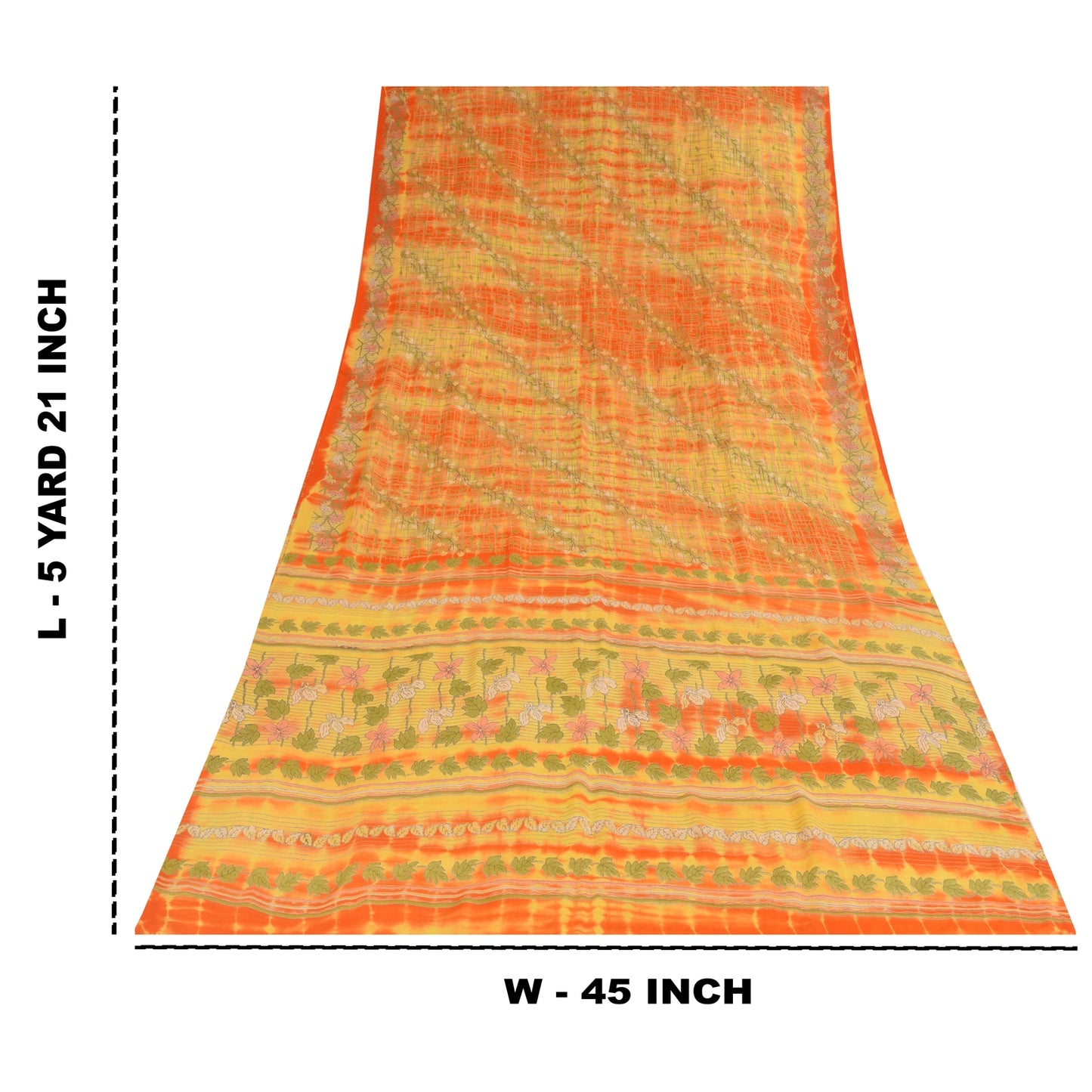 Sanskriti Vintage Sarees Green/Orange Pure Crepe Printed Sari 5+yd Craft Sustainable Fabric
