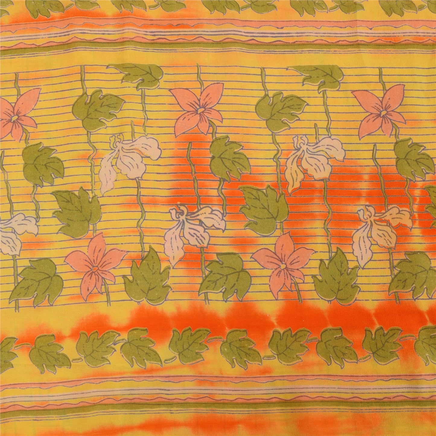Sanskriti Vintage Sarees Green/Orange Pure Crepe Printed Sari 5+yd Craft Sustainable Fabric