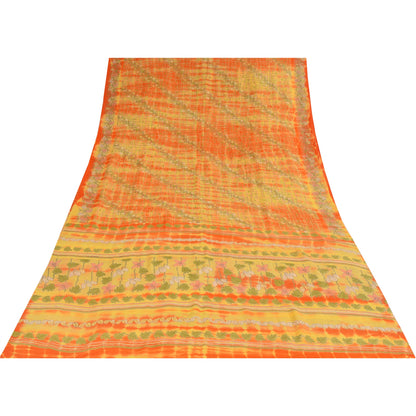 Sanskriti Vintage Sarees Green/Orange Pure Crepe Printed Sari 5+yd Craft Sustainable Fabric