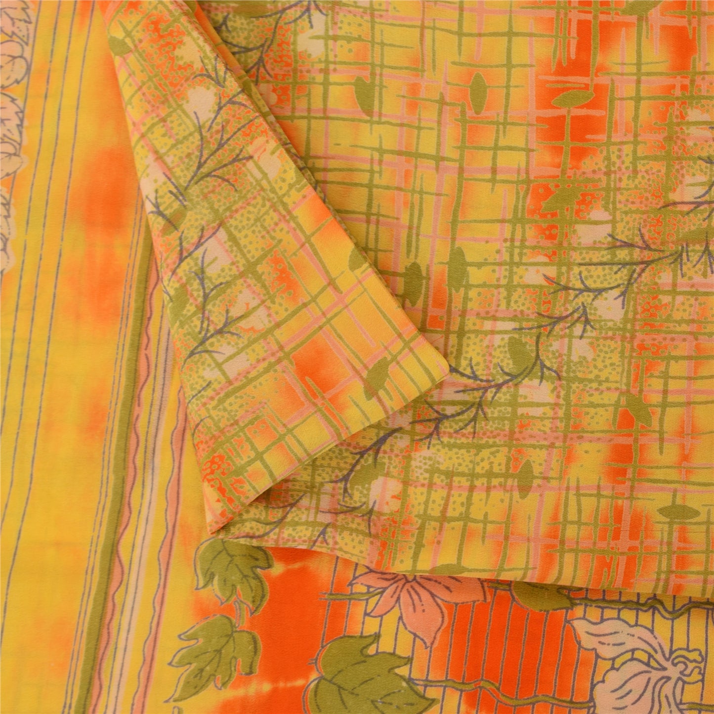 Sanskriti Vintage Sarees Green/Orange Pure Crepe Printed Sari 5+yd Craft Sustainable Fabric